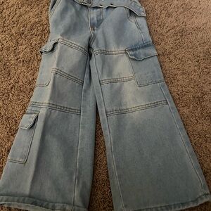 Wide-Leg Denim Cargo Pants